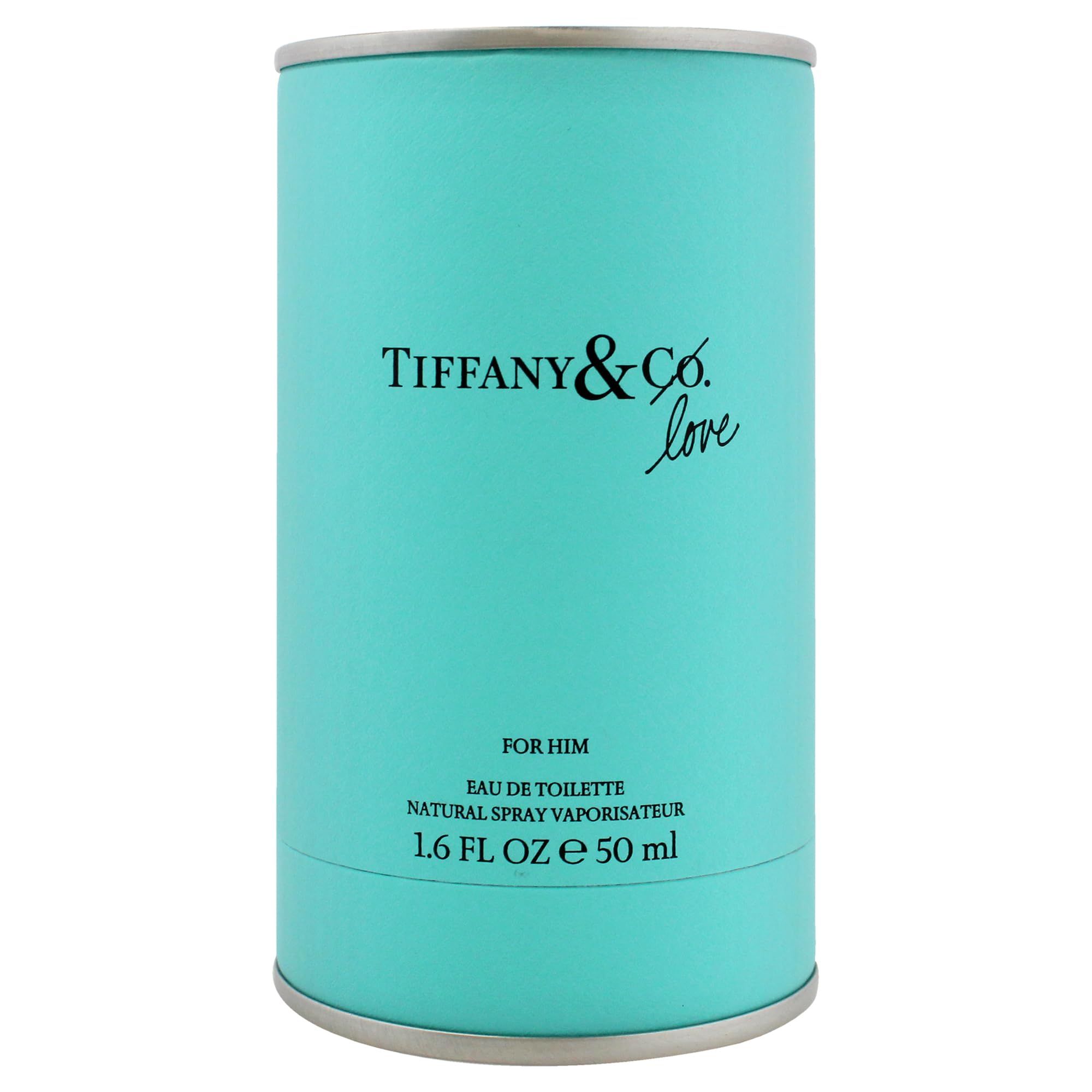 Confezione cilindrica turchese. Scritta: Tiffany & Co. Love, For Him, Eau de Toilette, Natural Spray Vaporisateur, 1.6 fl oz e 50 ml.