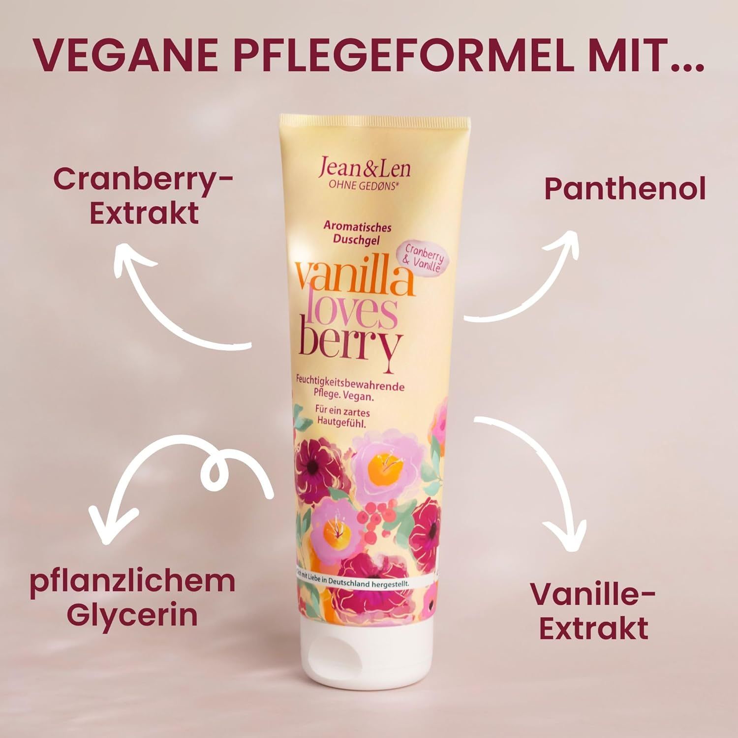 Tubo di gel con testo: Formula vegana con... Estratto di mirtillo rosso, glicerina vegetale, estratto di vaniglia, pantenolo. Nome: Vanilla loves Berry.