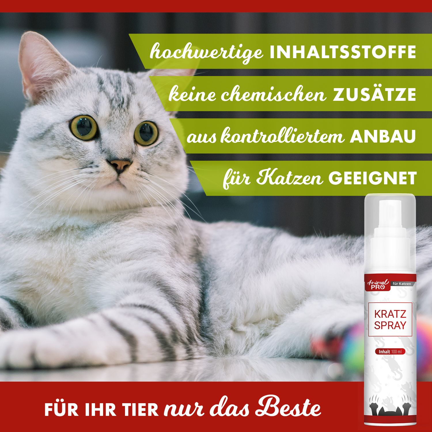 Flacone spray con etichetta rossa. Testo: Animal Pro, Kratz Spray. Gatto rilassato. Scritta: Solo il meglio per il tuo animale.
