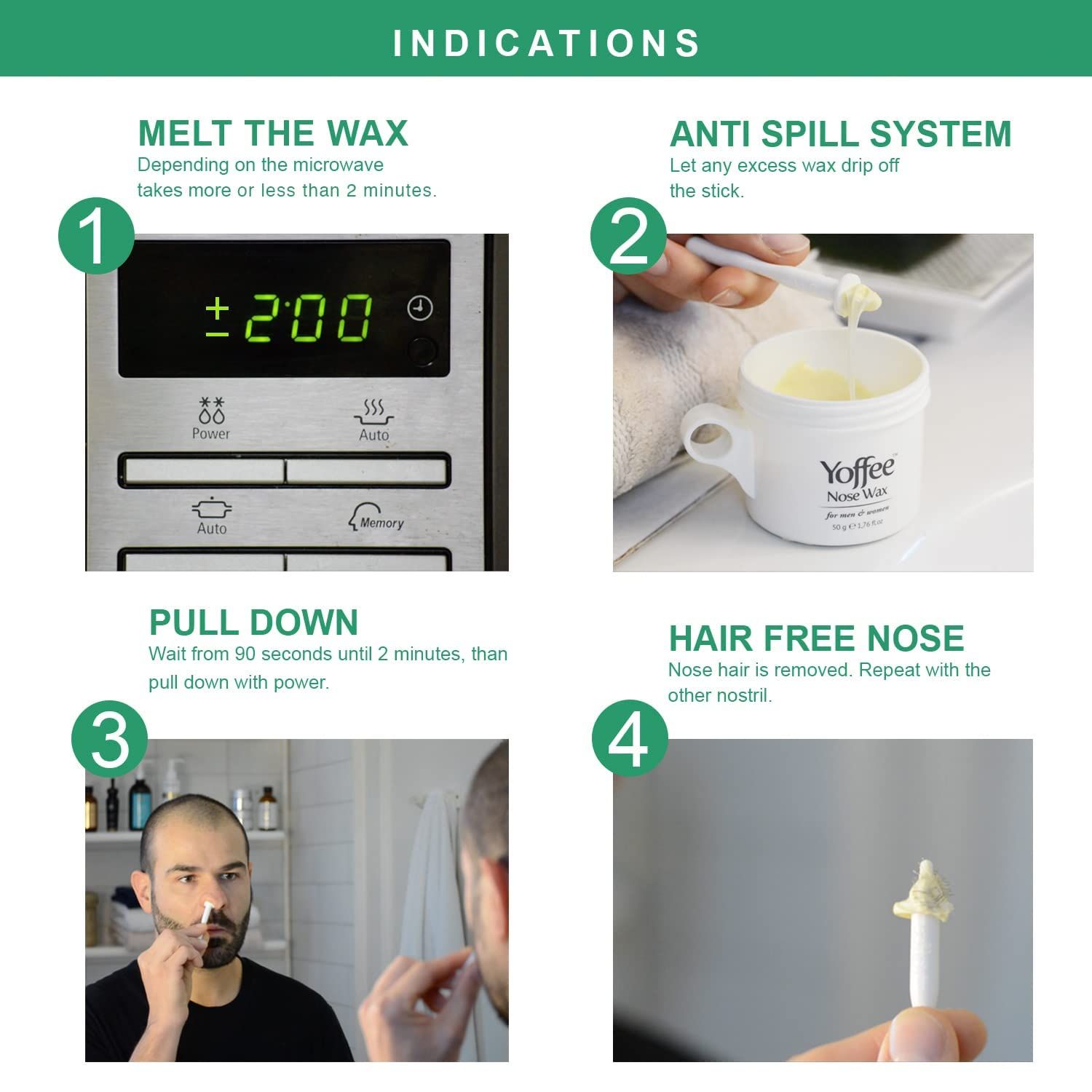Istruzioni per la rimozione dei peli del naso. Passaggi: sciogliere la cera, sistema antigoccia, tirare, risultato senza peli. Nome prodotto: Yoffee Nose Wax.