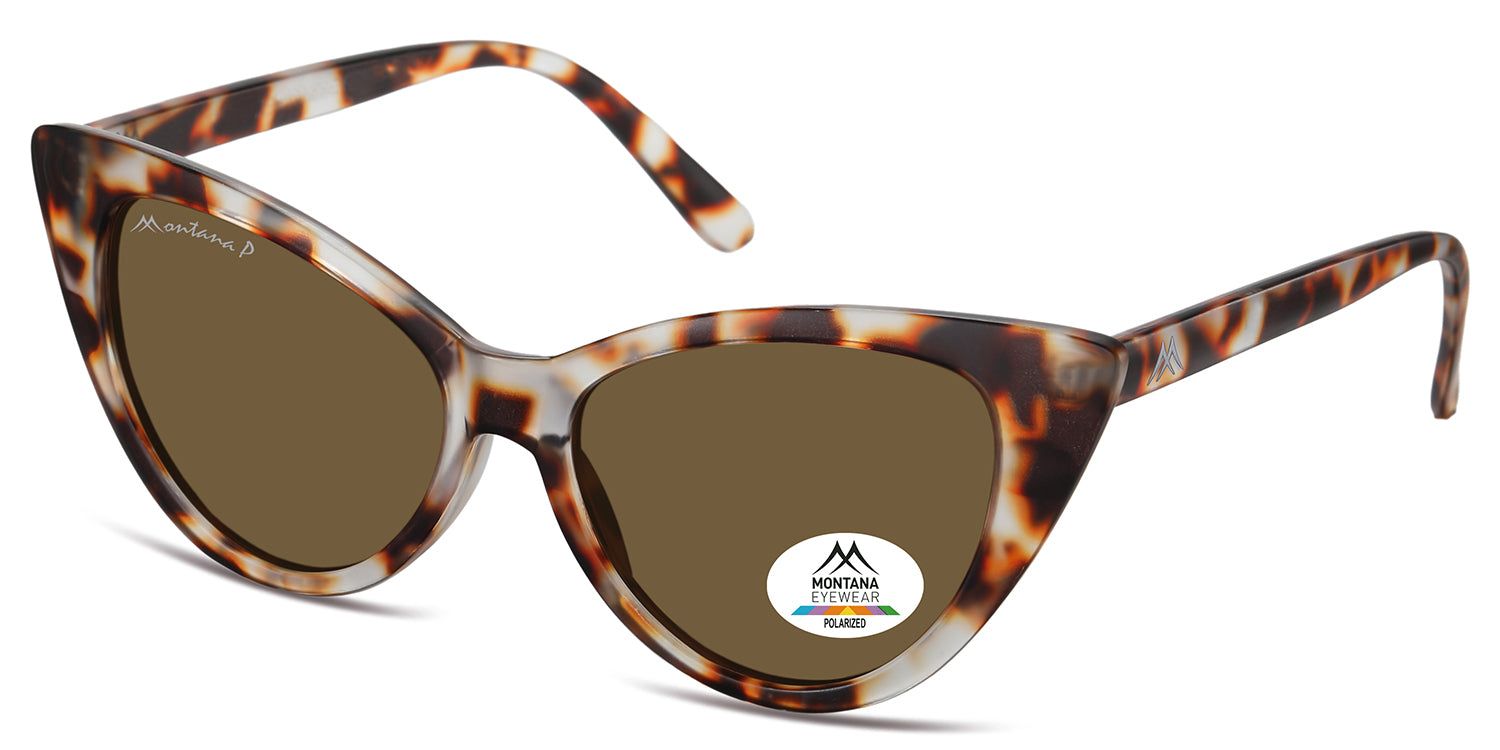 Occhiali da sole marroni con motivo tartarugato. Logo Montana Eyewear e adesivo vetro polarizzato.