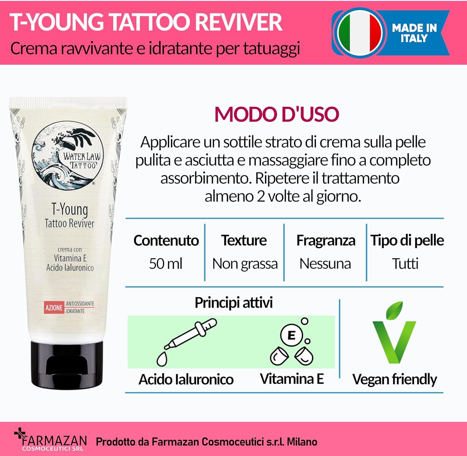 Tubo di crema con testo e informazioni. Contiene 50 ml. Testo: T-Young Tattoo Reviver, crema per tatuaggi. Logo Vegan Friendly, Made in Italy.