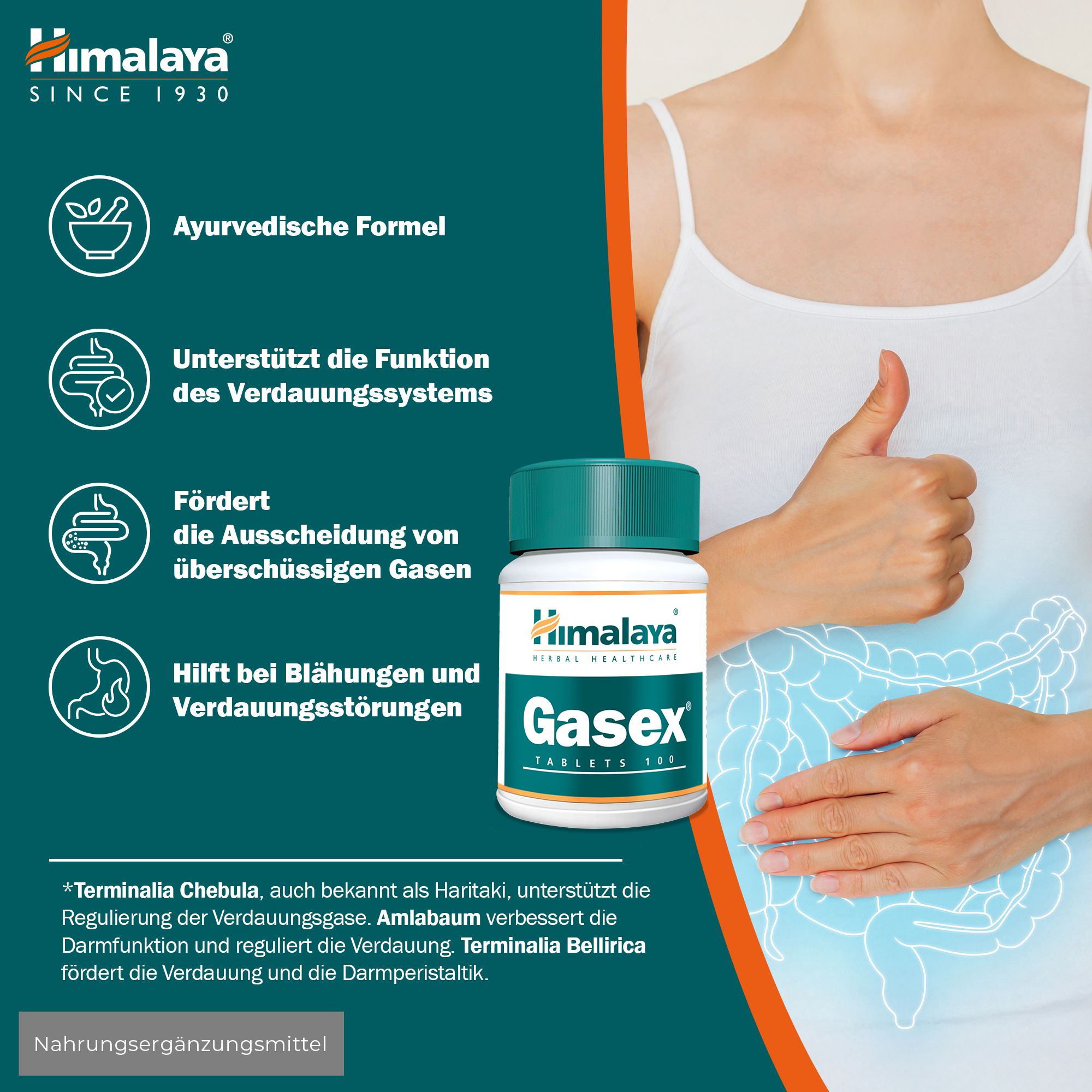 Flacone di compresse Himalaya Gasex con ingredienti come Triphala e zenzero.