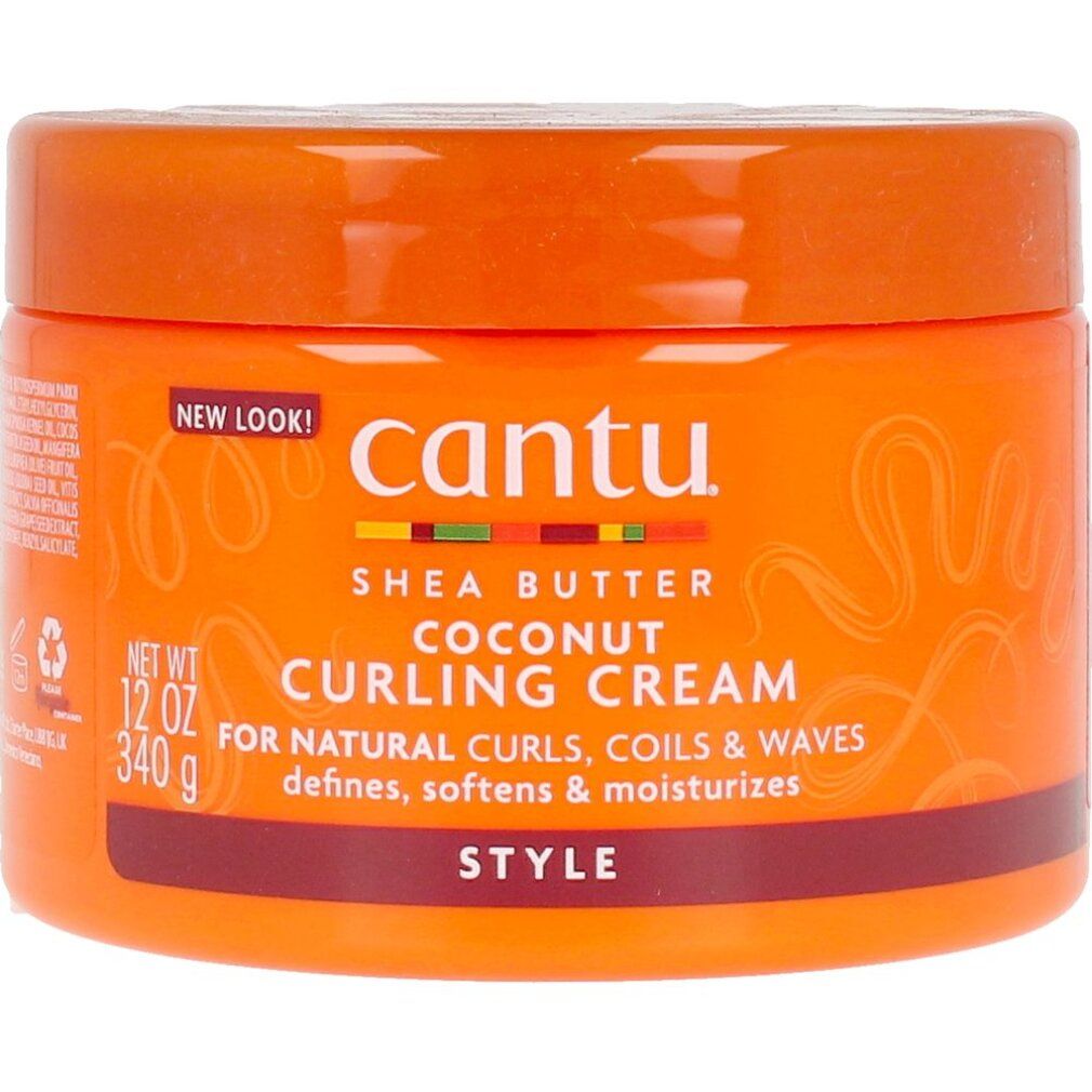 Barattolo arancione di Cantu Shea Butter Coconut Curling Cream. Testo: Per ricci naturali, definisce, ammorbidisce e idrata.