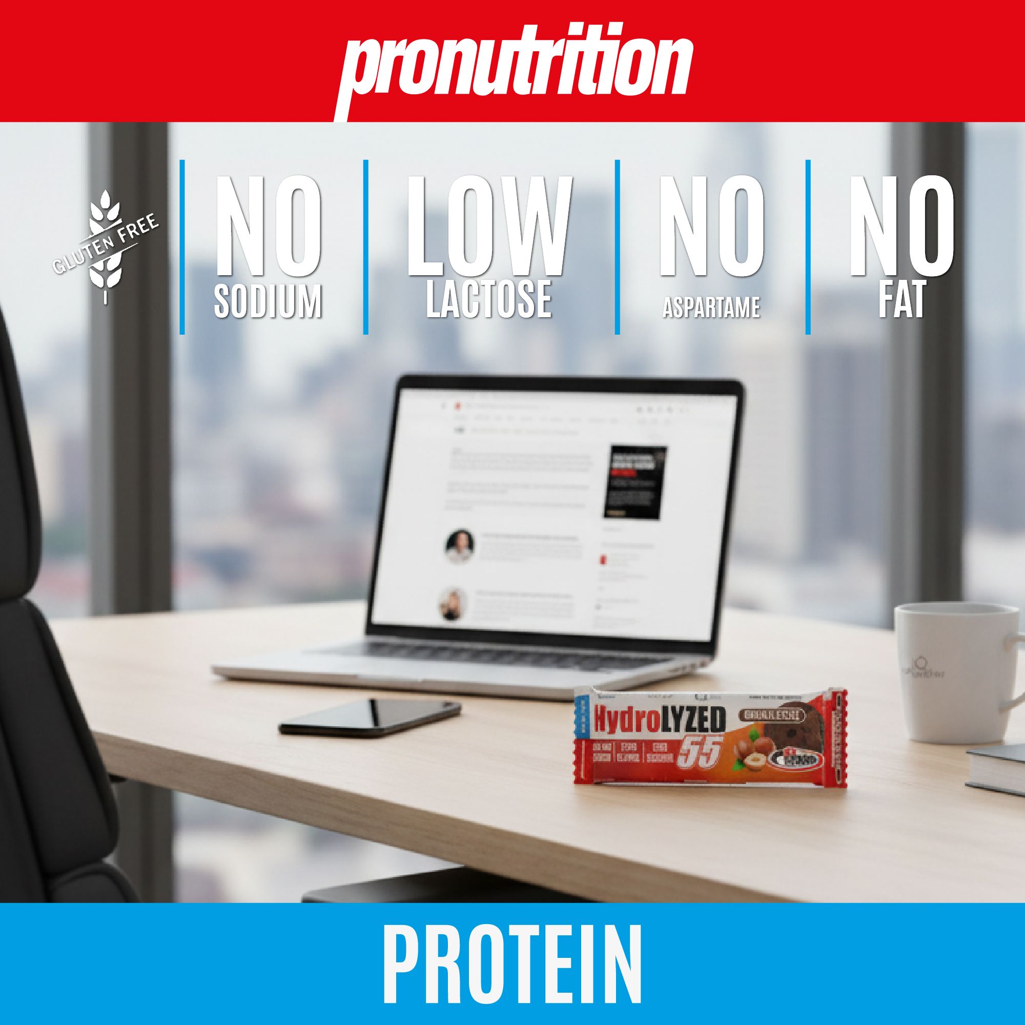 Barretta proteica su una scrivania. Scritta Hydrolyzed 55. Senza glutine, senza sodio, a basso contenuto di lattosio, senza aspartame, senza grassi.