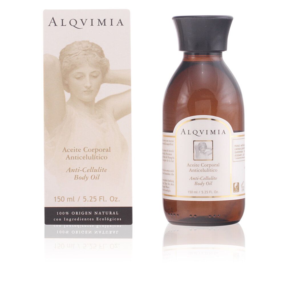 Flacone di vetro marrone con tappo nero e scatola. Etichetta e confezione con nome del prodotto e logo. Testo: Aceite Corporal Anticellulítico, Anti-Cellulite Body Oil.