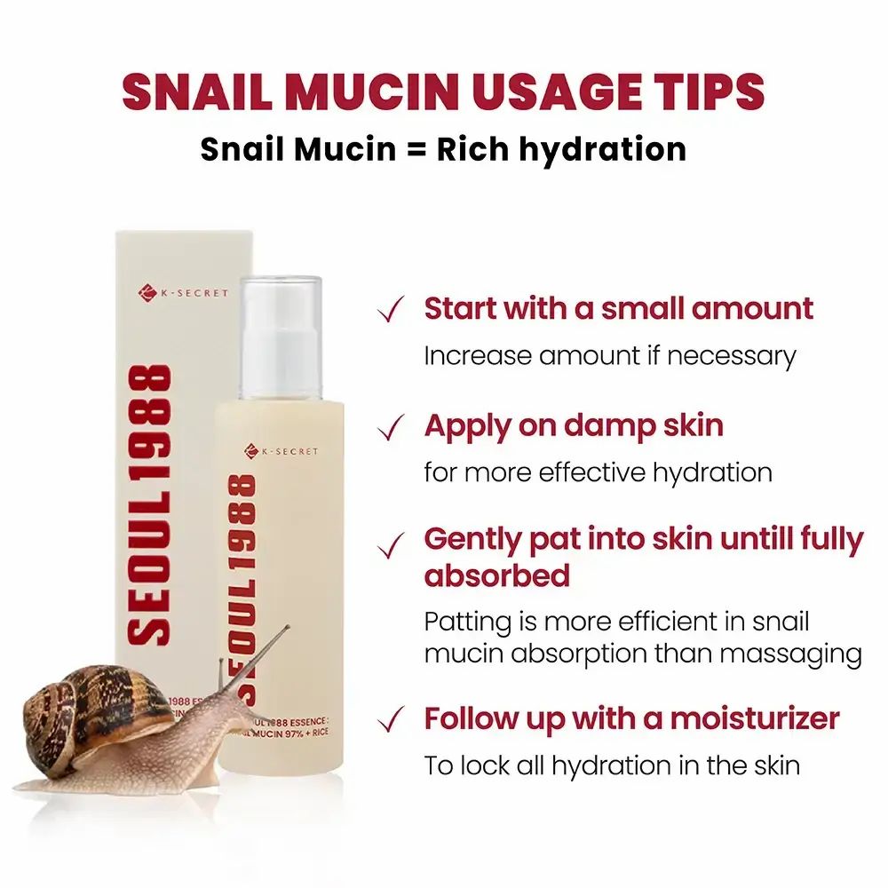 Flacone beige con erogatore bianco e confezione. Scritta rossa: SEOUL 1988. Testo con consigli per l'uso. Lumaca.