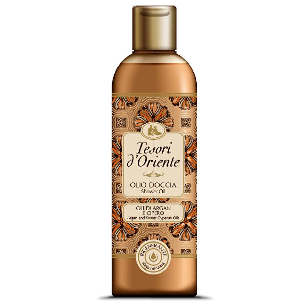 Flacone marrone con tappo dorato. Etichetta con testo Tesori d'Oriente, Olio Doccia, Argan e Cipro dolce.