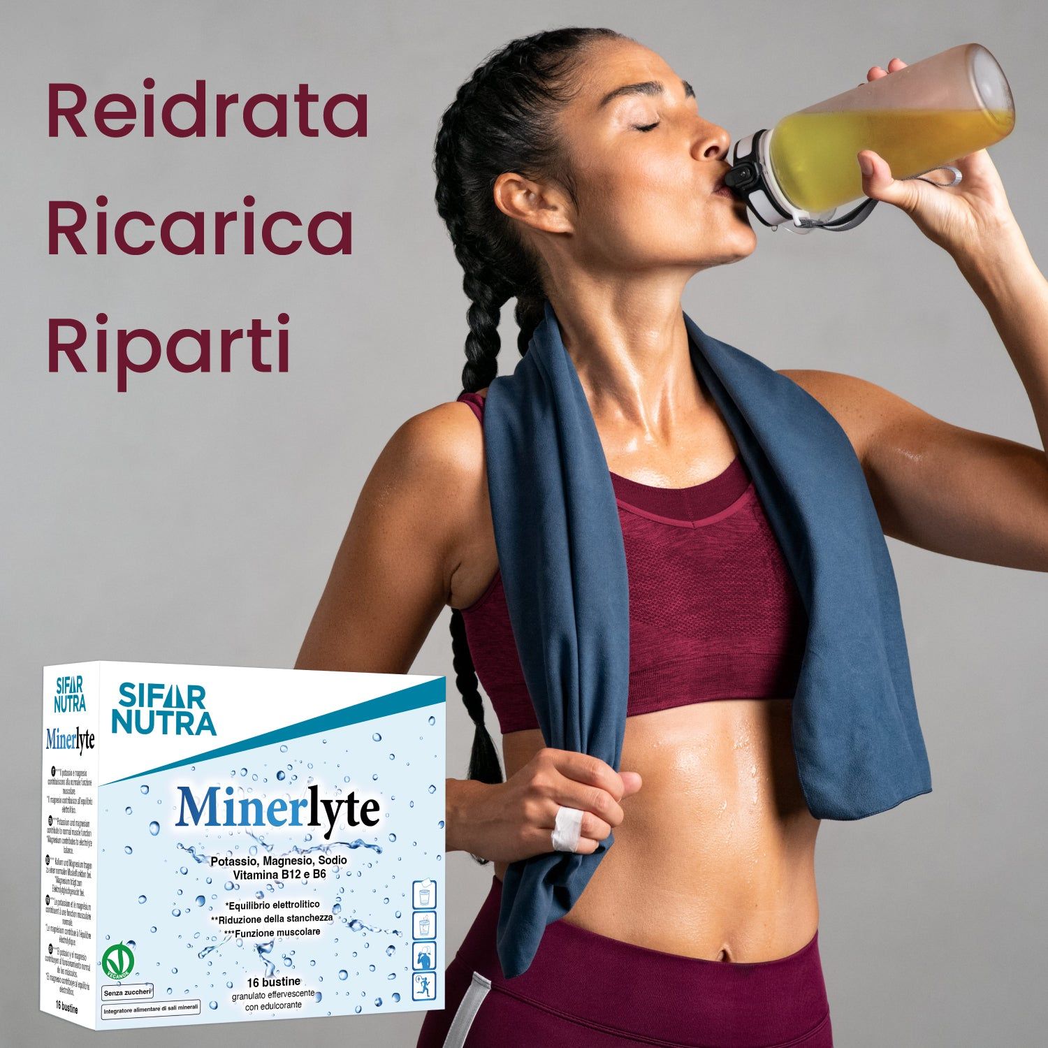 Donna beve da una bottiglia, confezione Sifar Nutra Minerlyte accanto.