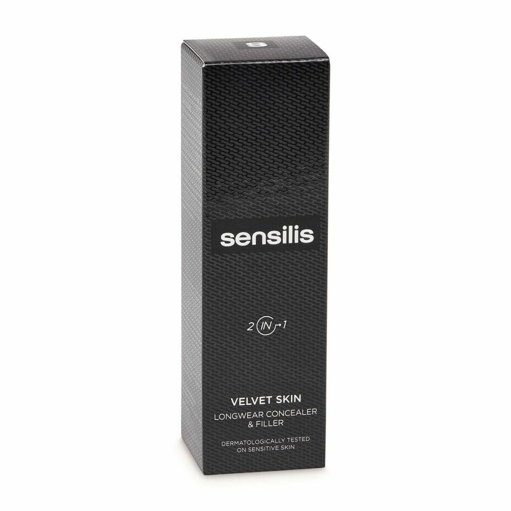 Scatola nera Sensilis. Testo: Velvet Skin Longwear Concealer & Filler. Dermatologicamente testato. Forma rettangolare.