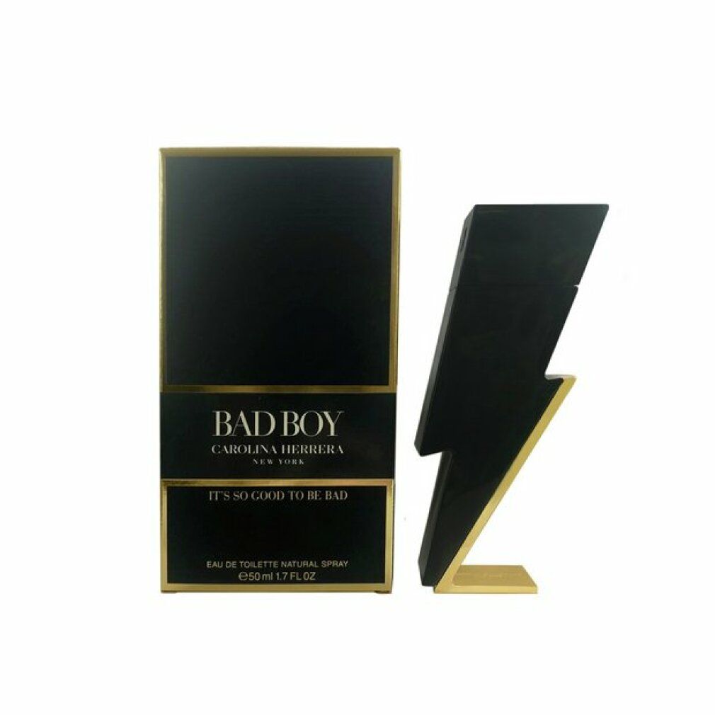 Confezione nera e flacone a forma di fulmine. Testo: 'BAD BOY'.