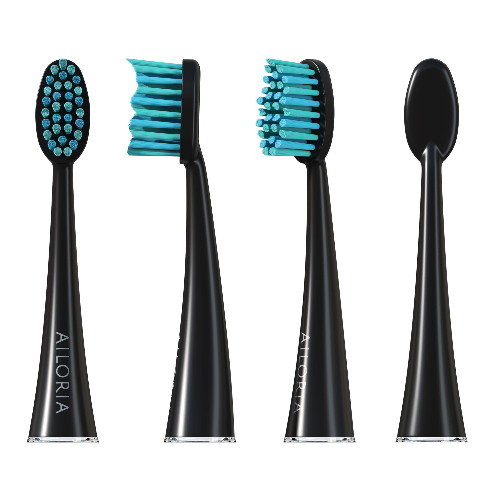 Quattro viste di una testina nera con setole turchesi. Logo AILORIA.