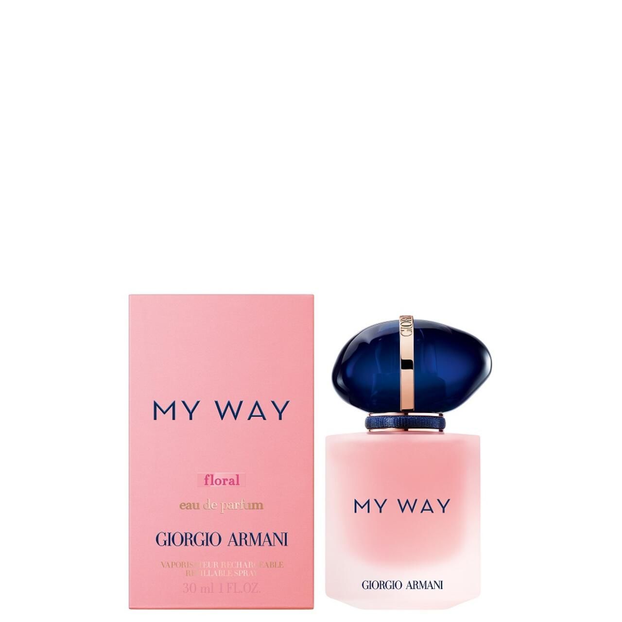 Flacone rosa con tappo blu. Scritta: MY WAY, floral, Giorgio Armani. Confezione rosa accanto.