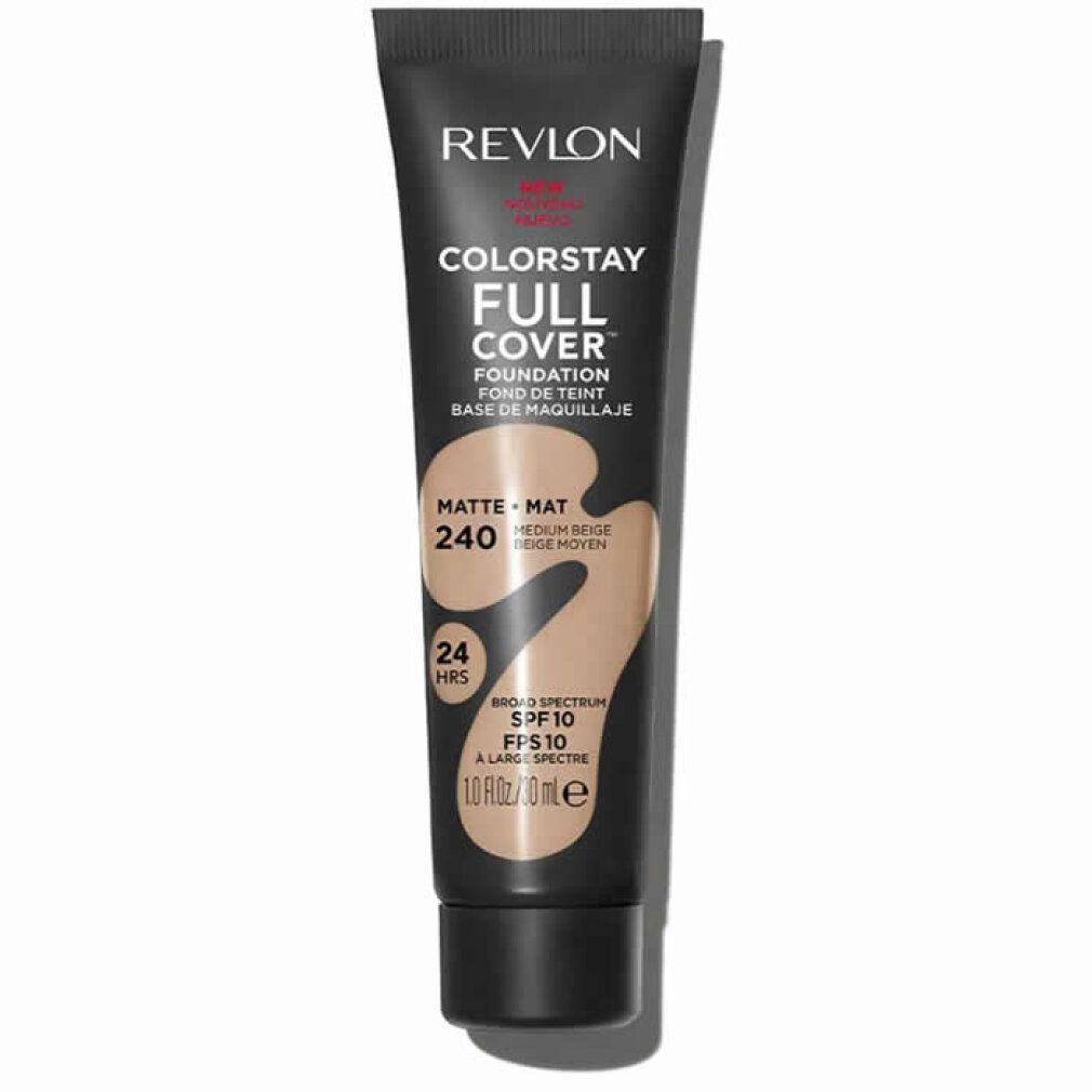 Tubo di fondotinta Revlon Colorstay Full Cover, tonalità 240 Medium Beige. Tubo nero con informazioni e illustrazione del colore.