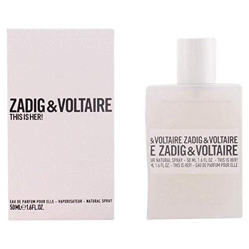 Flacone e confezione bianchi. Scritta: Zadig & Voltaire, This is Her! Testo: Eau de Parfum pour elle, 50ml.