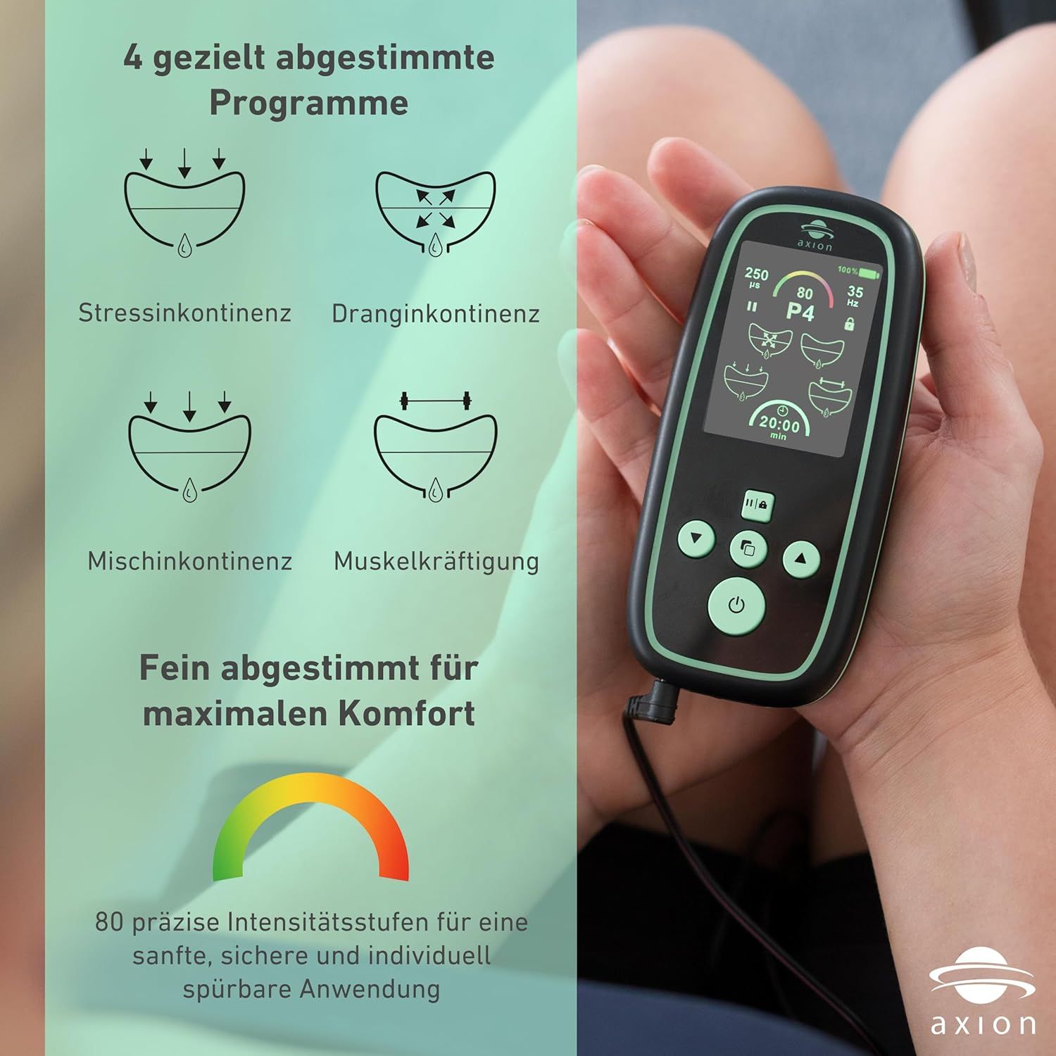 Dispositivo per pavimento pelvico axion® I-3000 con display. 4 programmi per incontinenza e rinforzo muscolare. Gradiente.