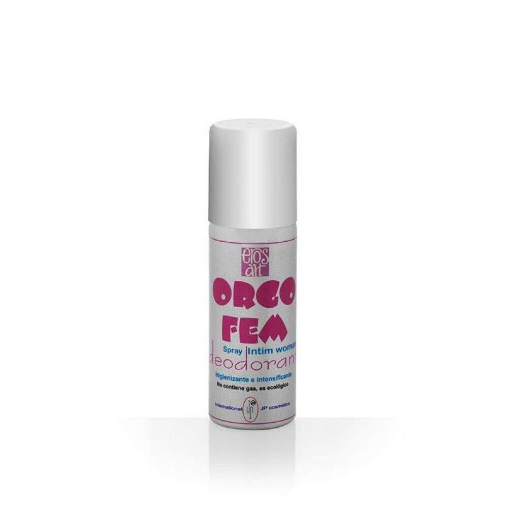 Flacone cilindrico con tappo bianco. Scritta: Eros Art, ORCO FEM, deodorante intimo. Testo rosa e blu.