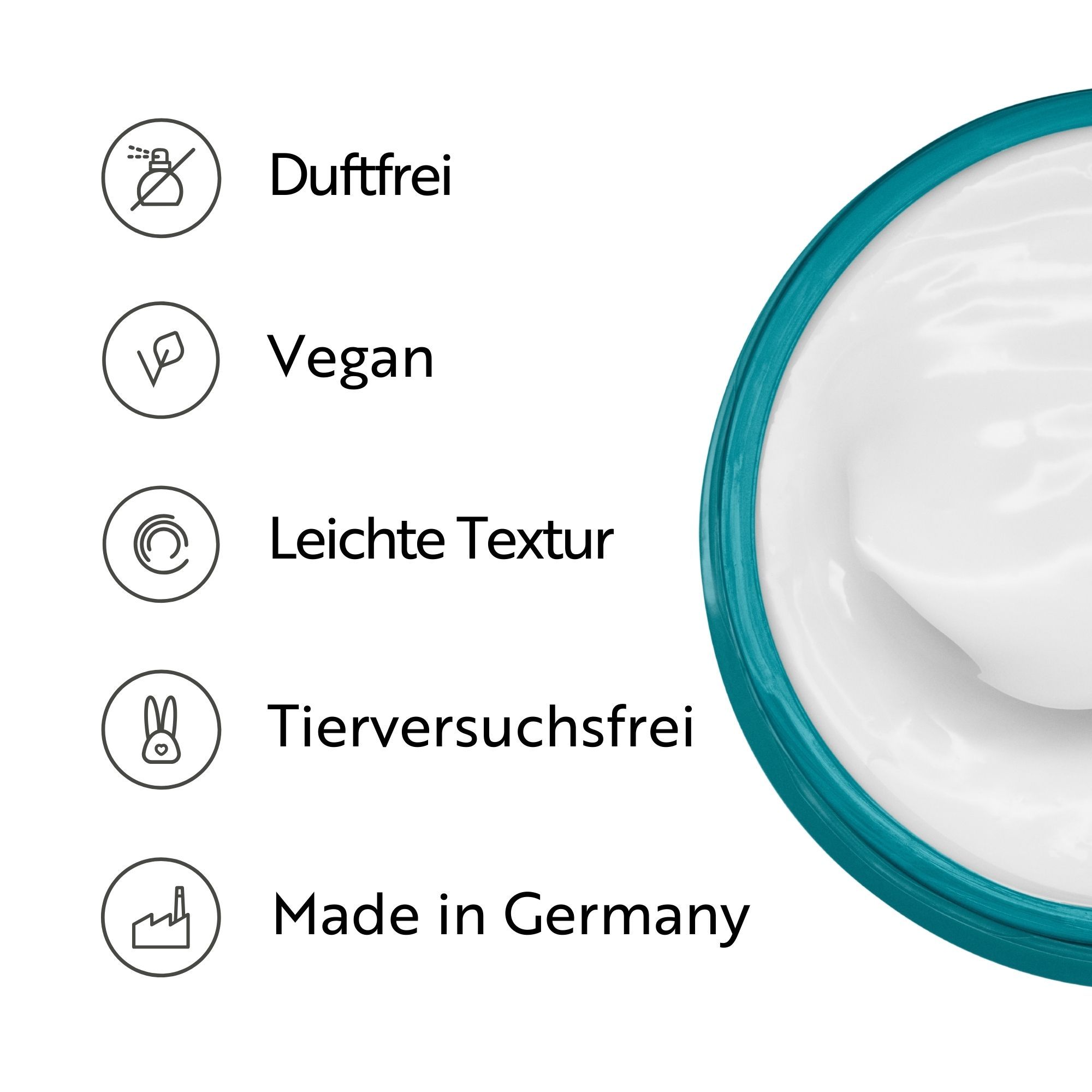Caratteristiche del prodotto: Senza profumo, Vegano, Texture leggera, Cruelty-free, Made in Germany. Disposizione circolare.