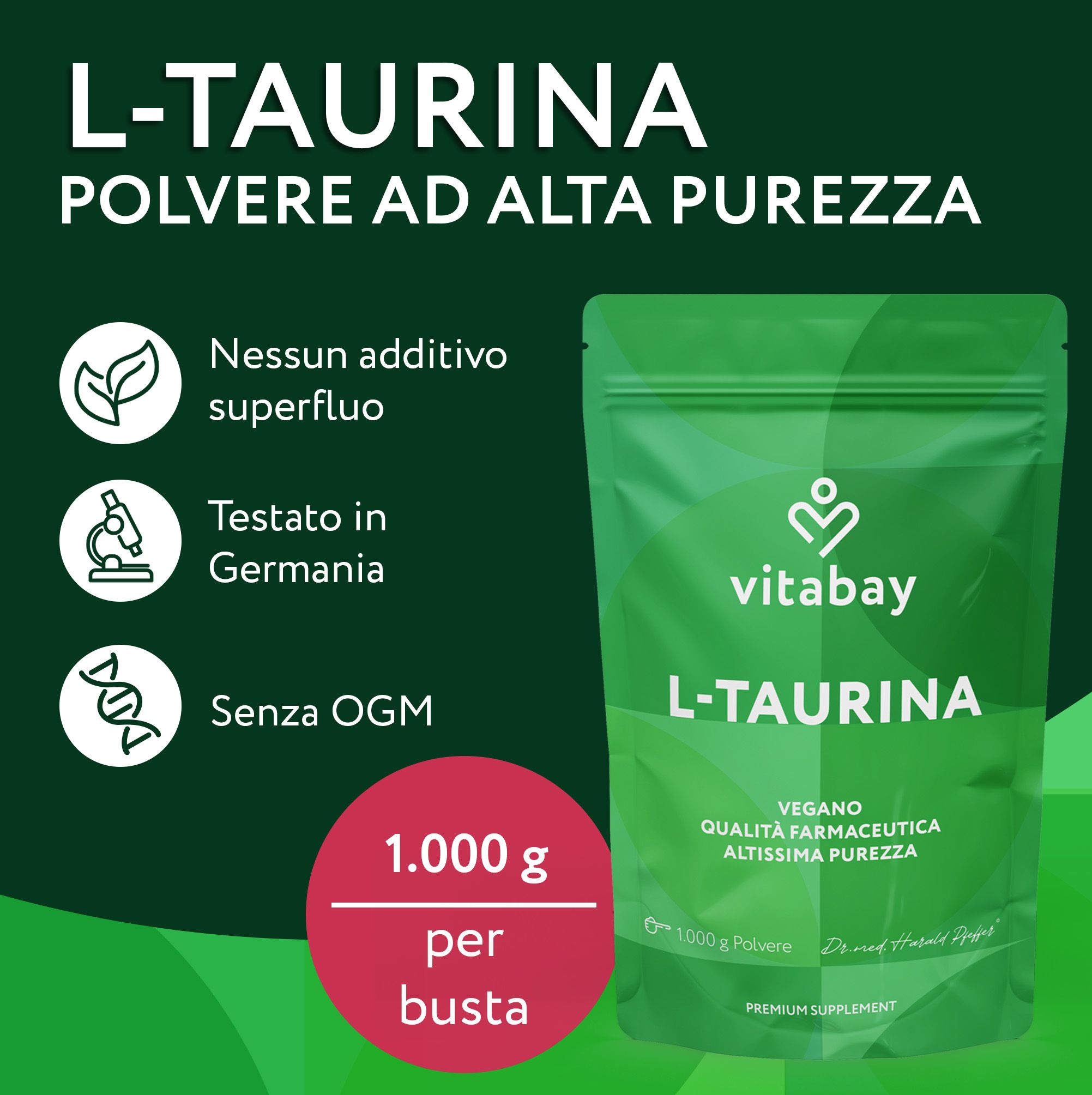 Busta di polvere di L-Taurina Vitabay con icone: foglie, microscopio, DNA. 1000g.