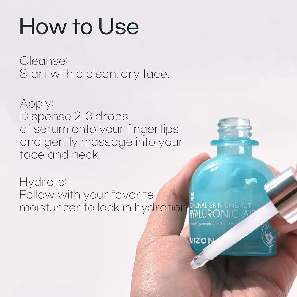 Mano che tiene un flacone azzurro con contagocce. Testo: Come usare. Marchio: Mizon. Istruzioni: Pulire, applicare, idratare.