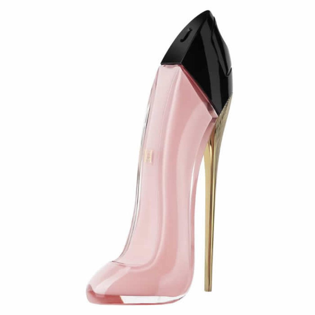 Profumo da donna Carolina Herrera Good Girl Blush in flacone rosa a forma di décolleté, con tappo nero e tacco dorato.