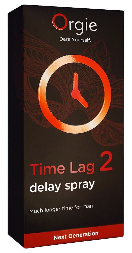 Confezione nera con logo e nome del prodotto. Cerchio rosso con orologio. Testo: Time Lag 2 delay spray. Più tempo per l'uomo.