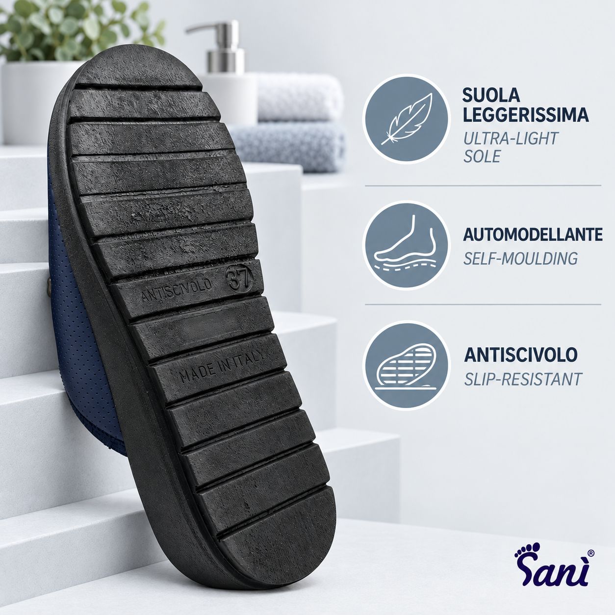Zoccoli blu scuro, primo piano con icone testo: tacco morbido 4cm, maggior sostegno, postura corretta.