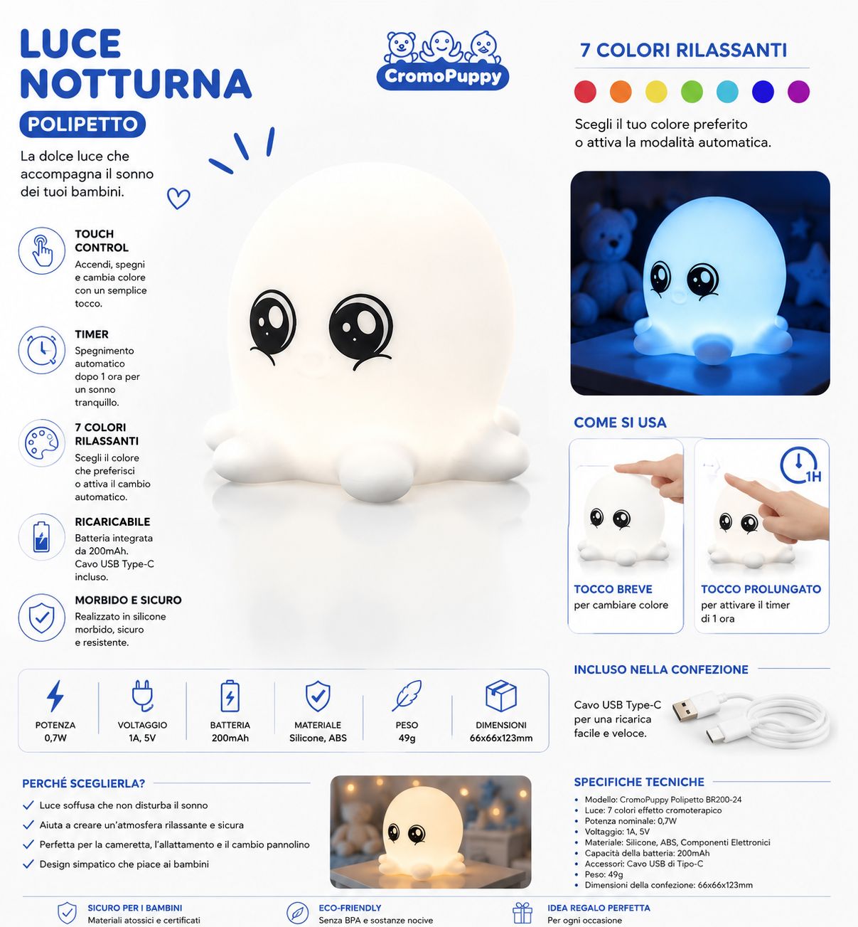 BRAND ITALIA - Luce Notturna per Bambini - Polipetto Octopus