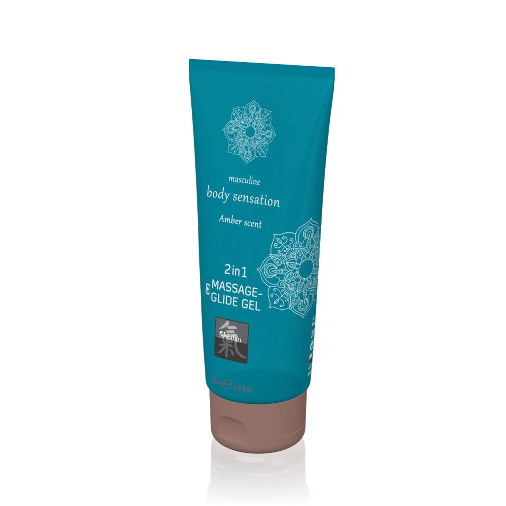 Tubo turchese con tappo marrone. Scritta: body sensation, Amber scent, 2in1 Massage- & Glide Gel.