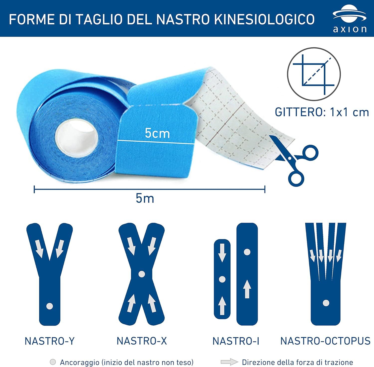 Mani che allungano un nastro kinesiologico blu: non teso, estensibile fino al 140-160%.