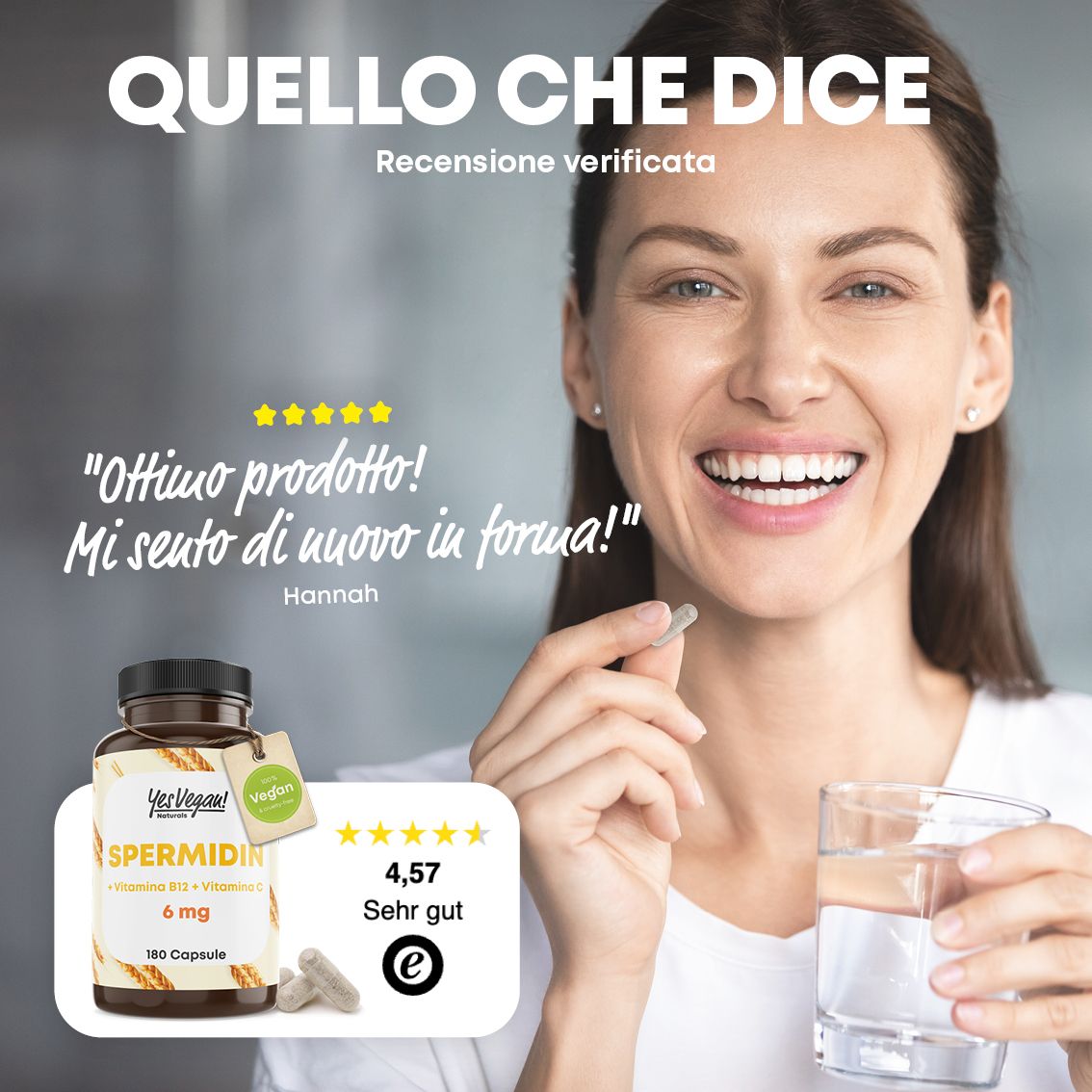Grafica con capsula e testo che spiega la facilità d'uso delle capsule di spermidina. 180 Capsule.