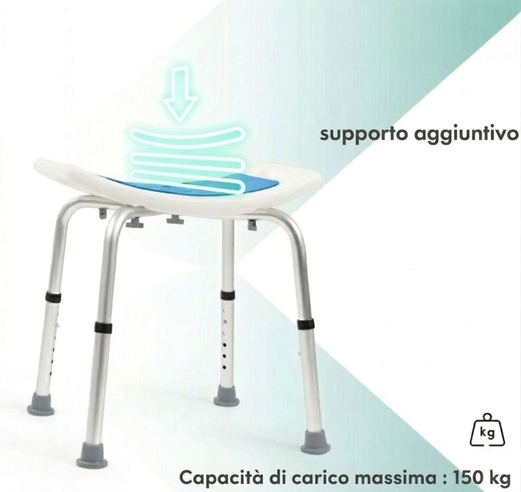 Sgabello per doccia con seduta blu. Capacità di carico massima: 150 kg.