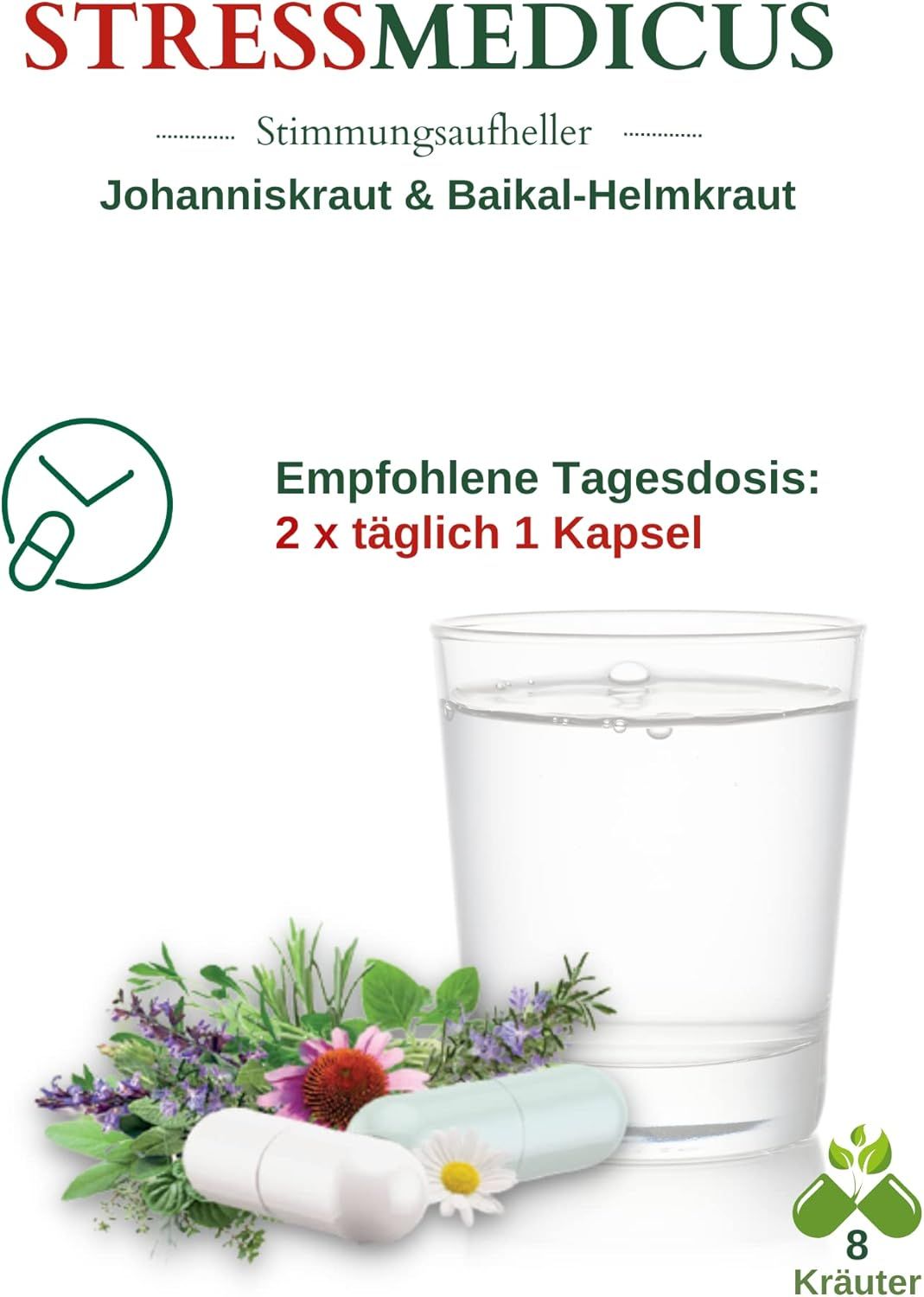 Bicchiere d'acqua, capsule ed erbe. Scritta: Stress Medicus, Stimmungaufheller. Dose giornaliera raccomandata: 2 x 1 capsula al giorno. Contiene 8 erbe.