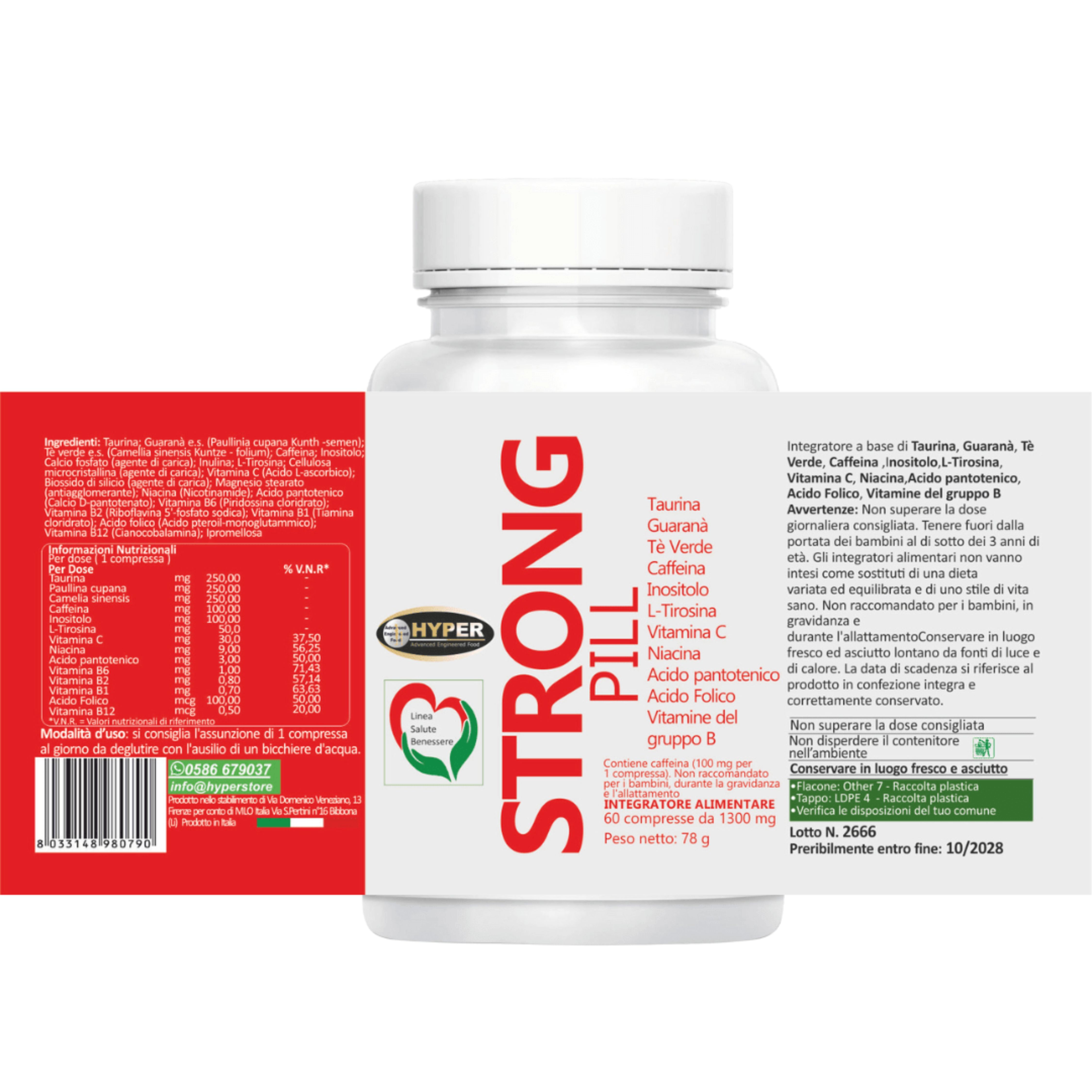HYPER Stron Pill 60cpr Stimolante Con Taurina  Guaranà  Tè Verde  Caffeina, Tirosina e Vitamine