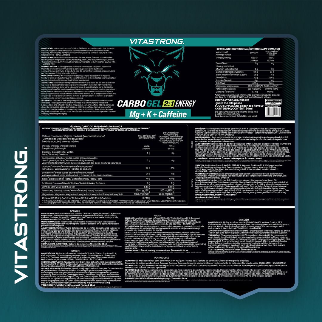 Vitastrong Carbo Gel 2:1 + Koffein. Informazioni sul prodotto sulla confezione. Testo: Carbo Gel 2:1, Mg + K + Caffeina, Energia. Valori nutrizionali.