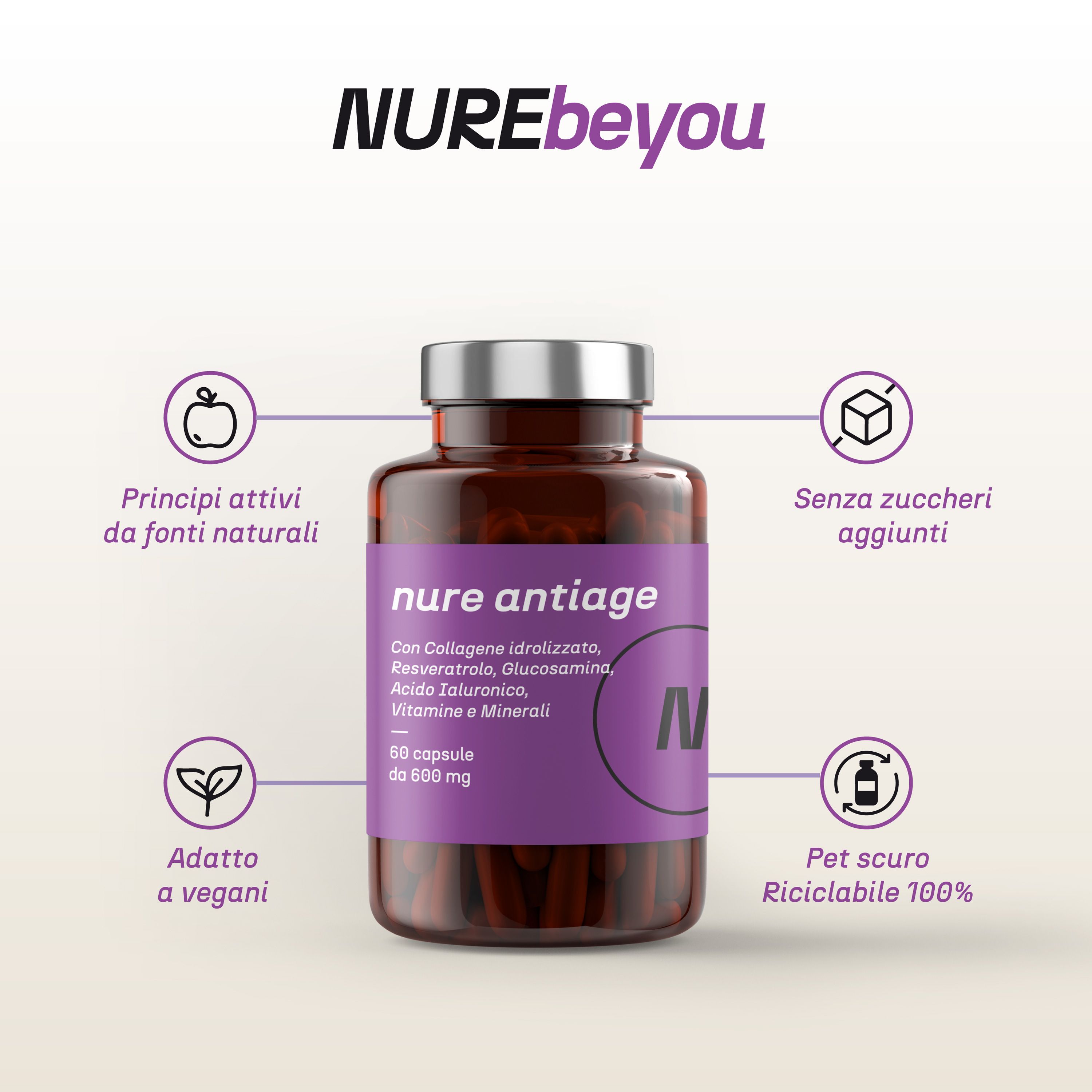 NURE Antiage 60cps | Integratore Anti-invecchiamento, integratore collagene, acido ialuronico viso