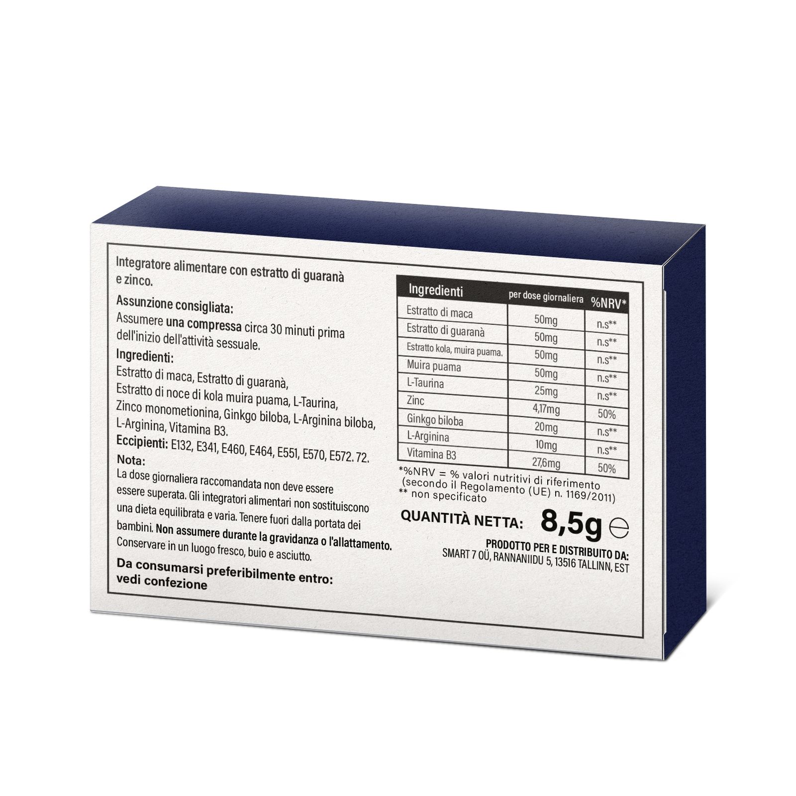 Retro della scatola con ingredienti. Contiene estratti e vitamine. Testo: Integratore alimentare, 8,5g.