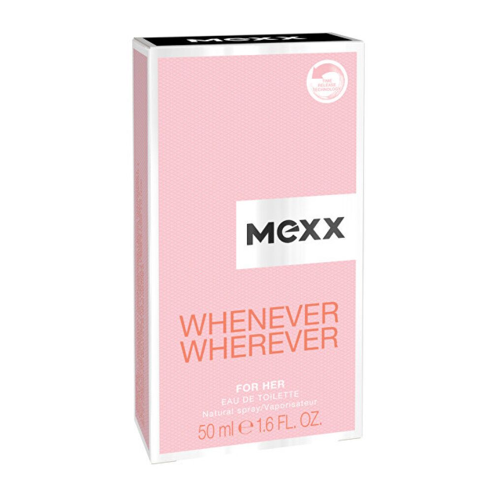 Scatola rosa con cornice bianca. Scritta: MEXX, Whenever Wherever, For Her. Eau de Toilette. 50 ml.
