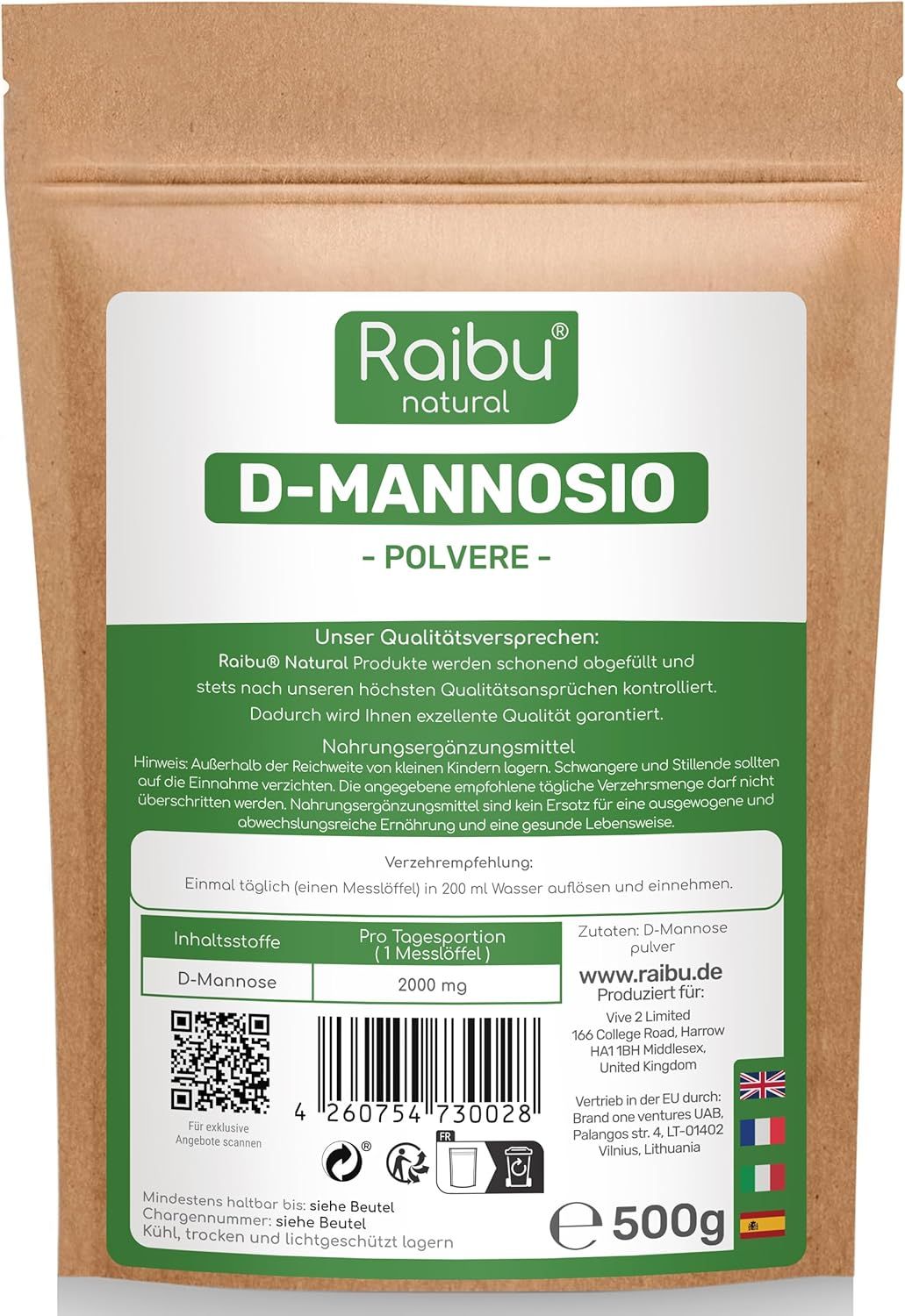 D-Mannosio Polvere Pura 500g - RAIBU
