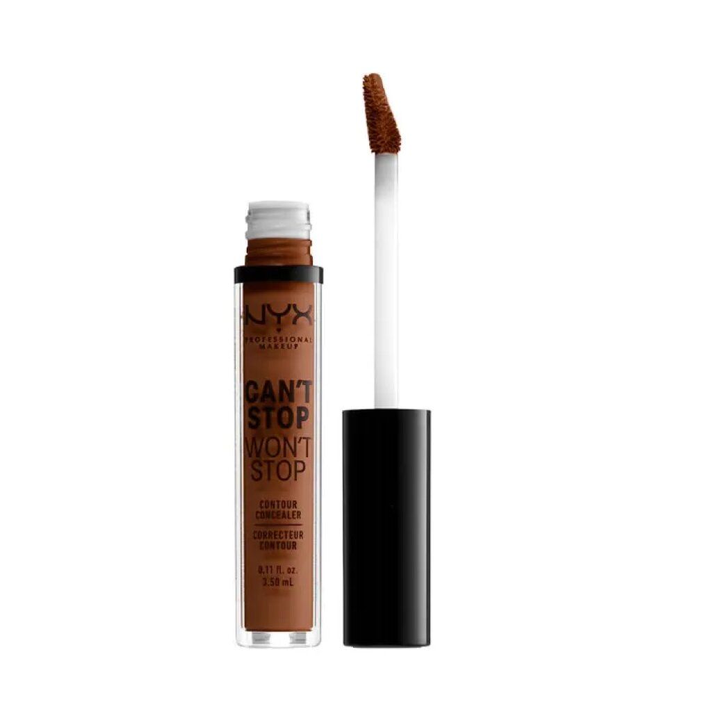 Correttore liquido in flacone trasparente con applicatore nero. Tonalità marrone scuro.