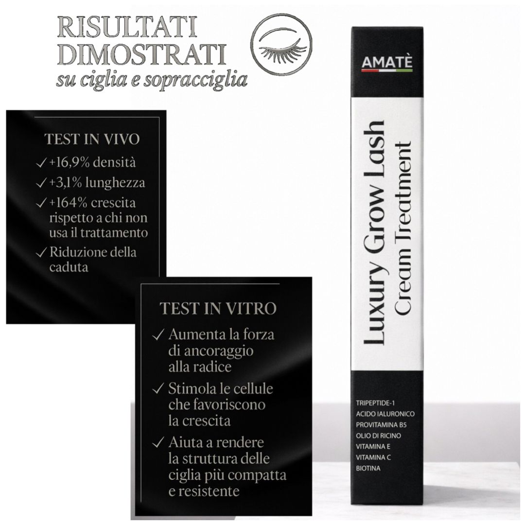 Amatè Luxury Grow Lash Cream Treatment. Confezione nera con testo bianco. Risultati su ciglia e sopracciglia.
