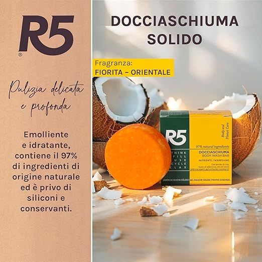 Prodotto R5 con cocco. Testo: 'Docciaschiuma Solido'. '97% naturale'. 'Fiorita-Orientale'. Sapone rotondo arancione.