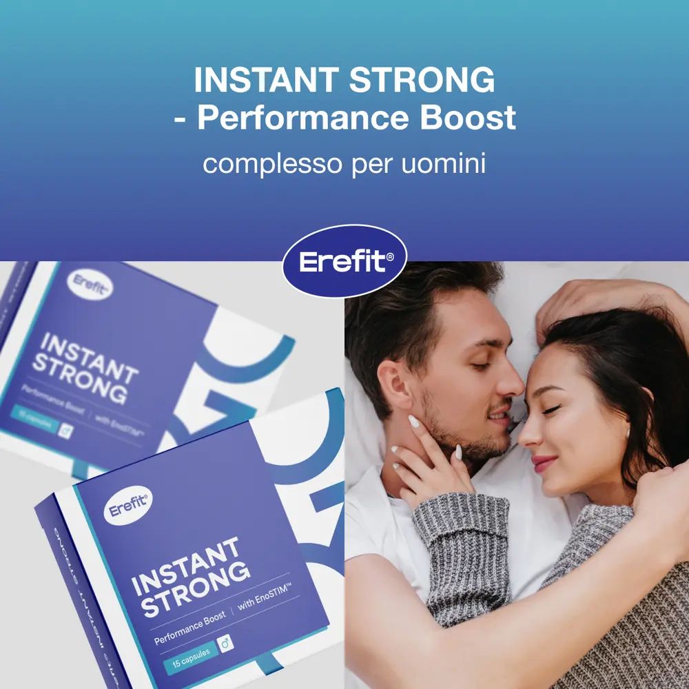 Due confezioni del prodotto con testo: INSTANT STRONG - Performance Boost. Coppia a letto. Logo: Erefit.