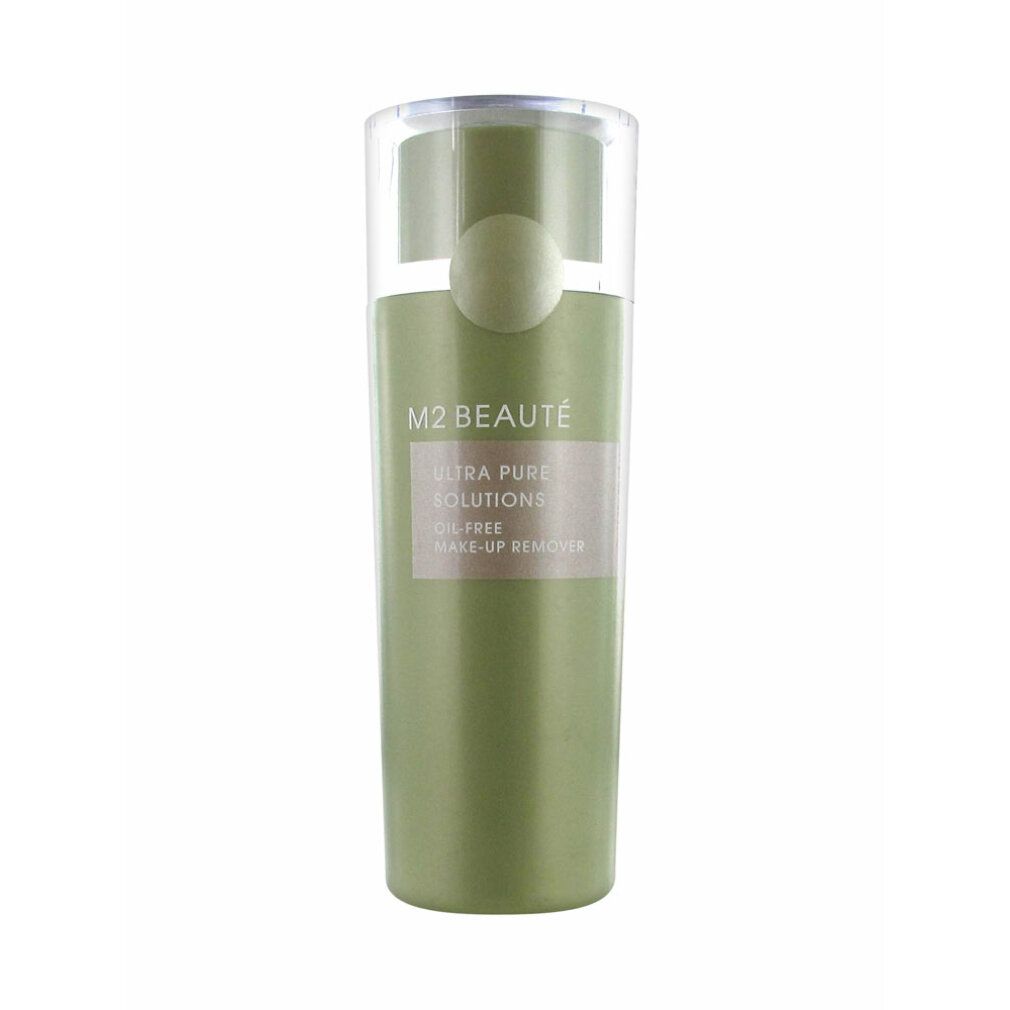 Flacone cilindrico verde con tappo trasparente. Etichetta M2 Beauté, Ultra Pure Solutions, Oil-Free Make-Up Remover.