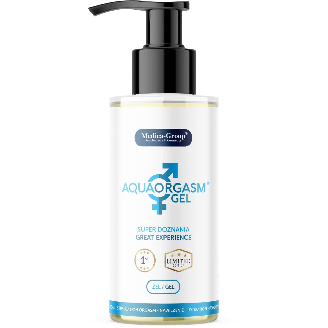 Flacone di gel con dosatore nero. Scritta AquaOrgasm Gel, Medica-Group. Testo: Super Doznania Great Experience. Edizione limitata.
