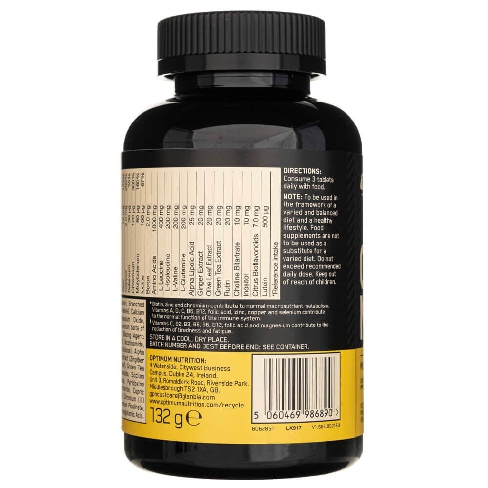 Retro di un flacone Optimum Nutrition Opti-Men Multivitaminico con codice a barre e istruzioni.