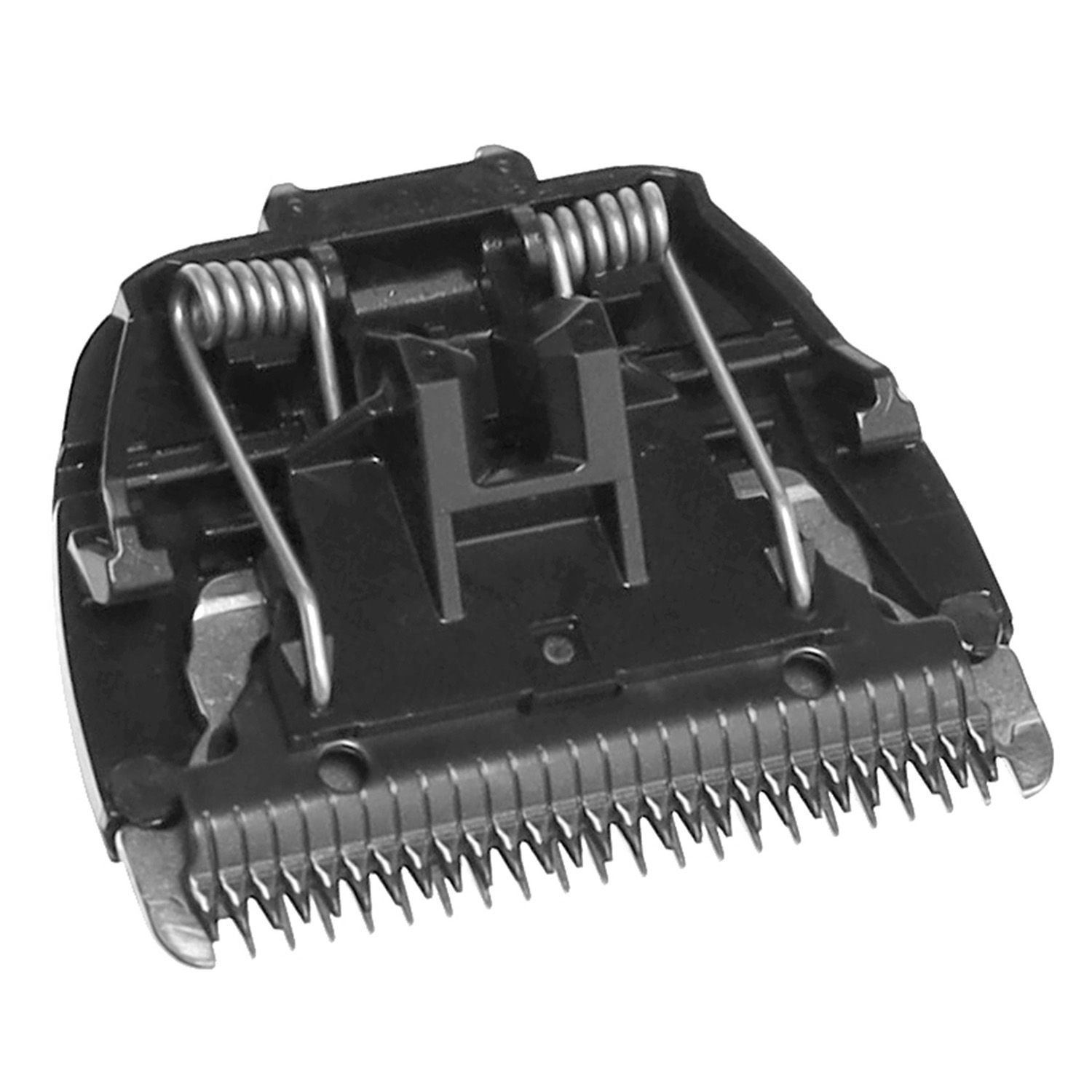 Testina di rifinitura con lame metalliche e molle. Cornice in plastica nera. Vista dettagliata dell'interno per depilazione maschile.