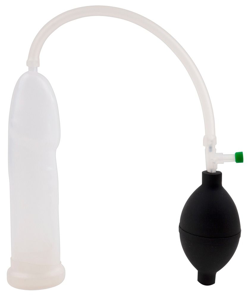 Pompa per pene anatomica con cilindro trasparente, soffietto nero e tubo.