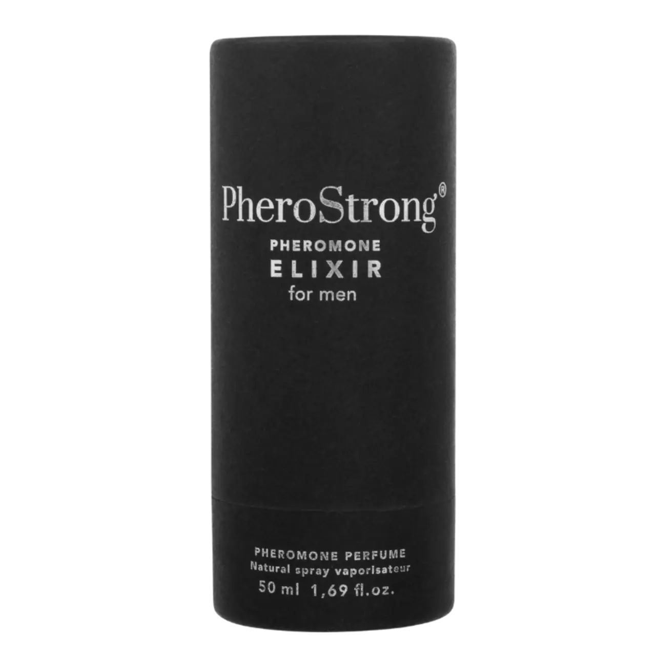 Confezione nera. Scritta: PheroStrong Pheromone Elixir for men. 50 ml.