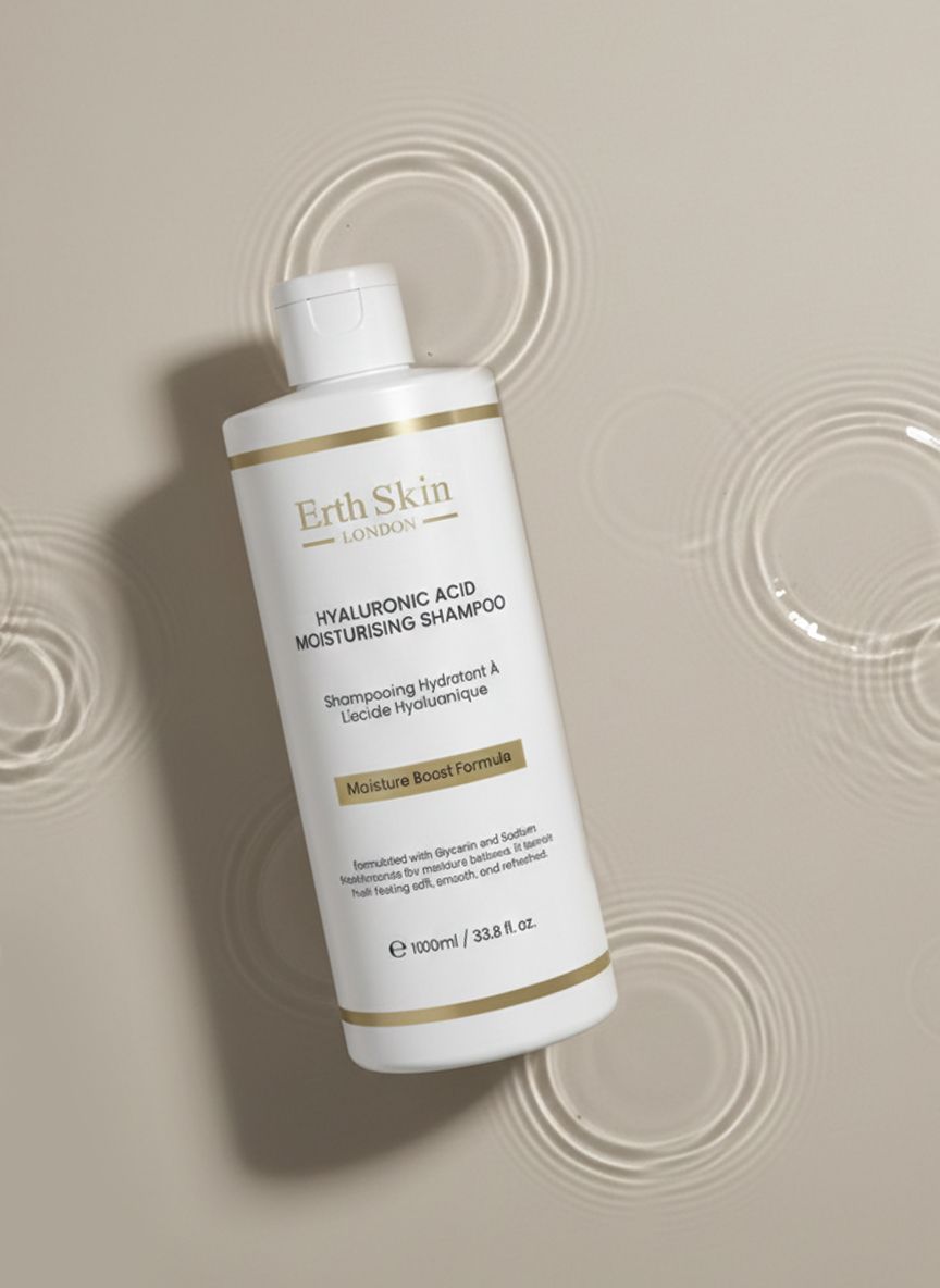 Shampoo bianco con dettagli dorati. Scritta: Erth Skin London, Hyaluronic Acid Moisturizing Shampoo. Posizionato su superficie con cerchi d'acqua.